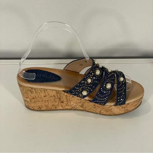 Patrizia By Spring Step Denim Pearl Gold Stud Embellish Cork Wedge Sandal Sz 38 - Picture 5 of 11